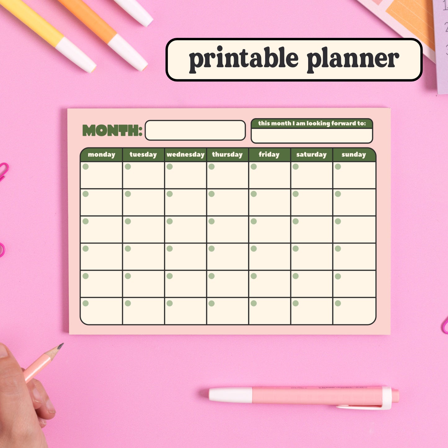 Printable Planner Page: Monthly Planner