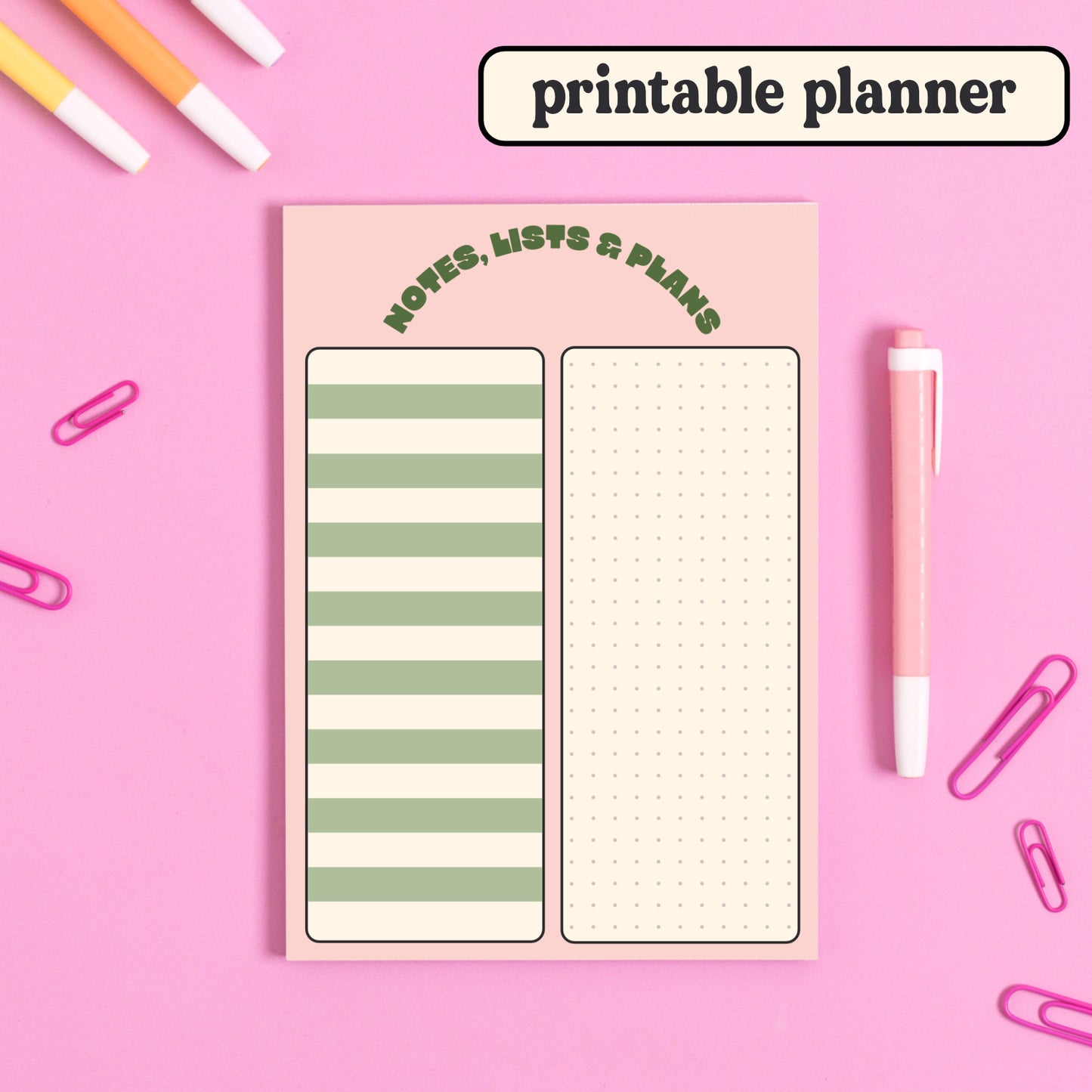 Printable Planner Page: Notes, Lists & Plans