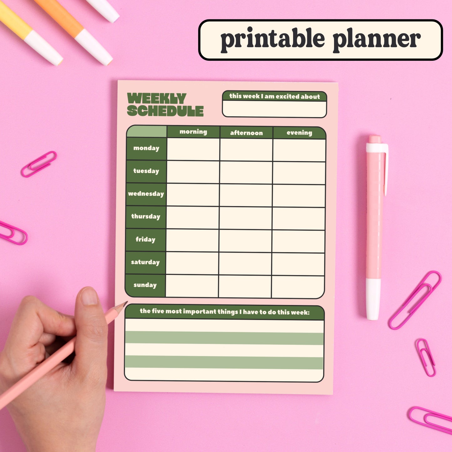 Printable Planner Page: Weekly Schedule