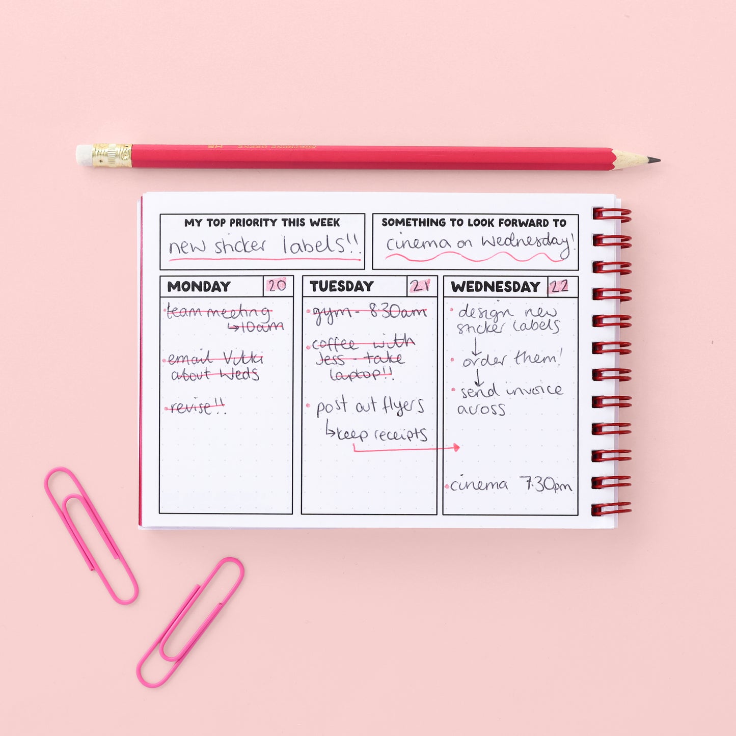 A6 Ringbound Week Planner - Pink & Red - Oh, Laura