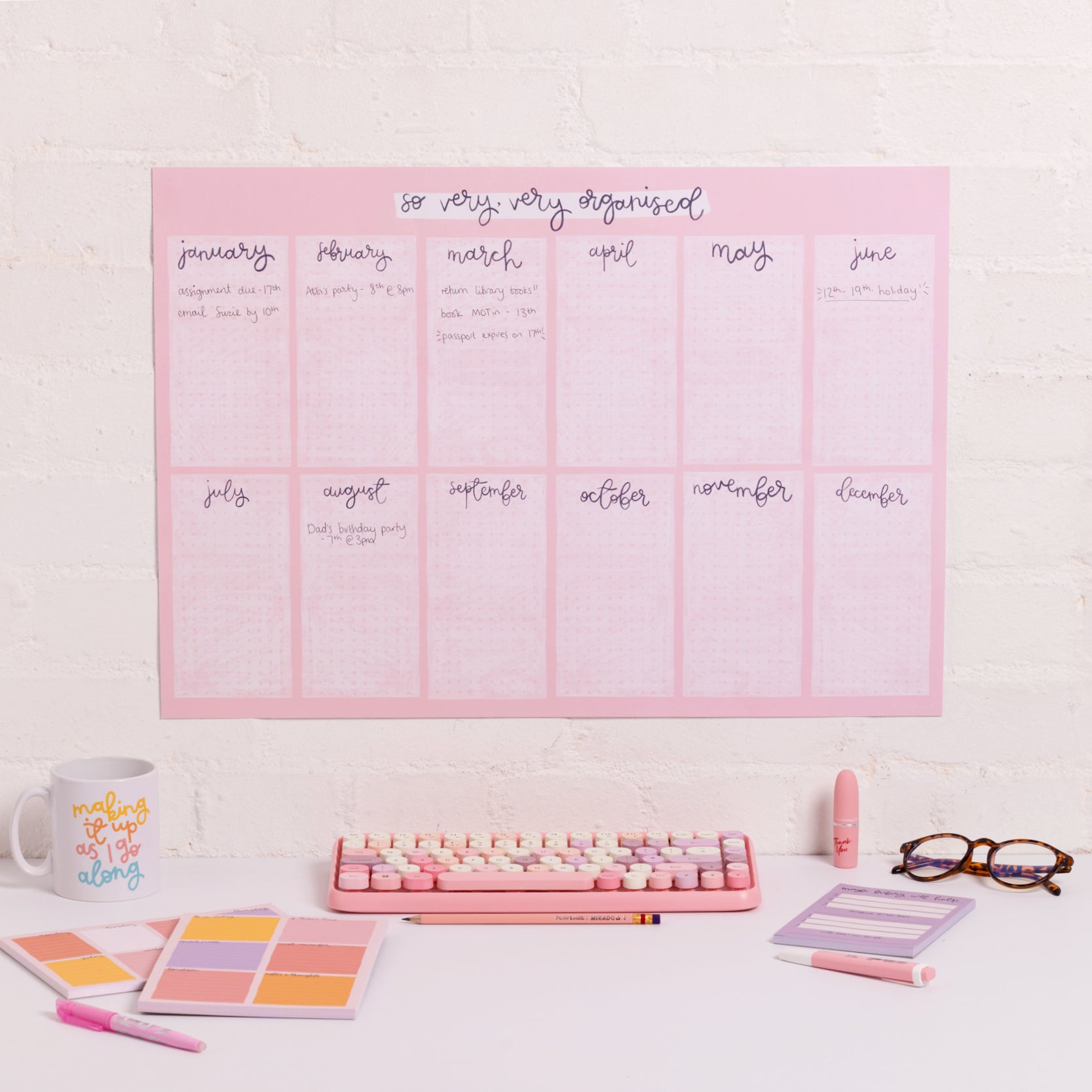 A2 Year Wall Planner - Pink Grid - So Very, Very Organised - Oh, Laura