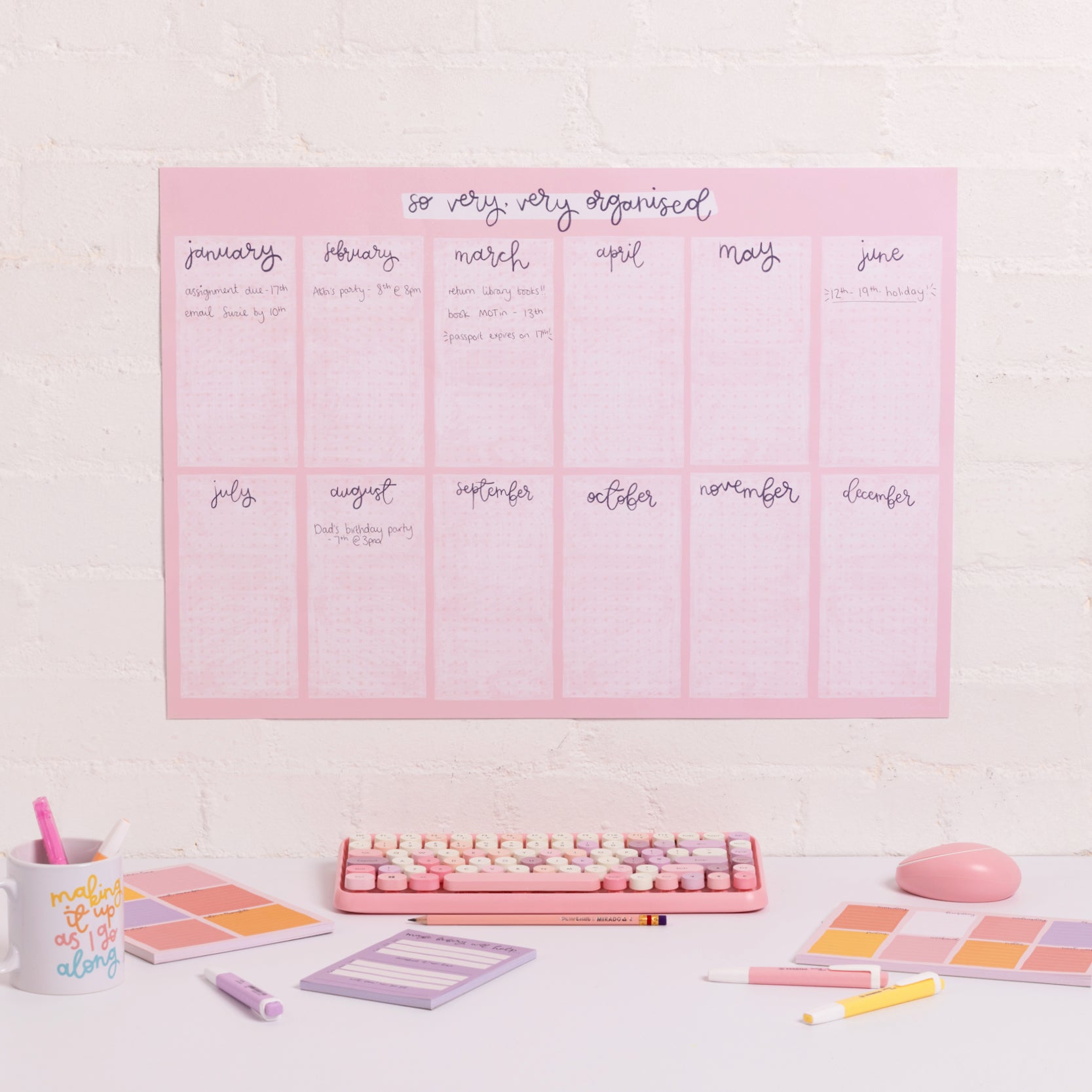 A2 Year Wall Planner - Pink Grid - So Very, Very Organised - Oh, Laura